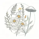 lavender, rosemary, eucalyptus, calendula, dandelion, snow drops, and mushrooms tattoo design idea