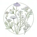 lavender, rosemary, eucalyptus, calendula, dandelion, snow drops, and mushrooms tattoo design idea