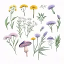 lavender, rosemary, eucalyptus, calendula, dandelion, snow drops, and mushrooms tattoo design idea