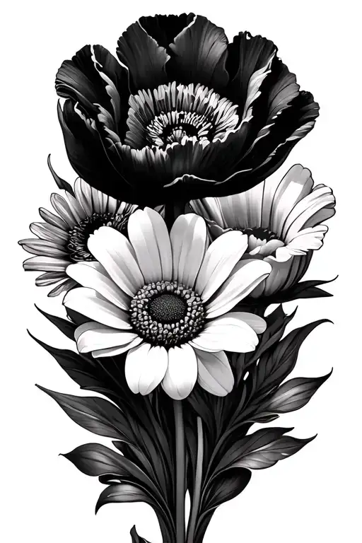 a poppy, a daisy, and a bloomed tulip in a bouquet. tattoo design idea