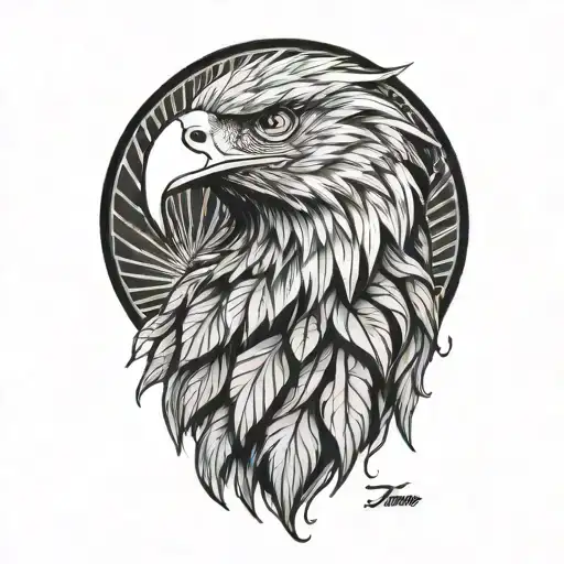 Eagle head, profile. Cannabis-leaf shaped feathers encircle head, radiating outwards. Detailed. tattoo design idea