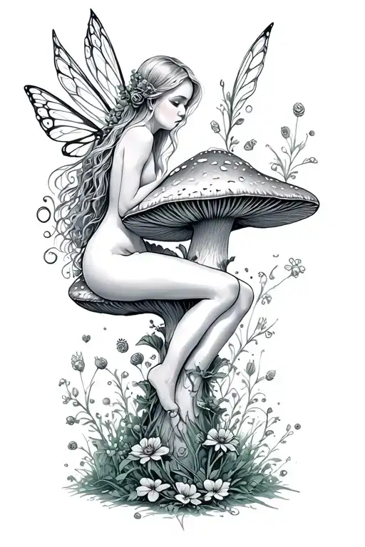 fairy sitting on mushroom leg tattoo design floral tattoo design idea