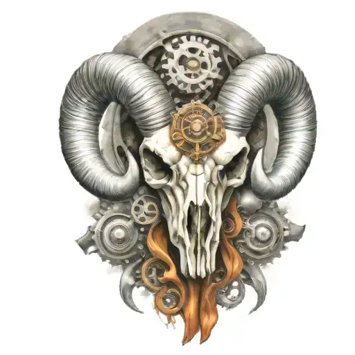 rocky mountain ram skull,  horns become exaust pipes, tattered ribbon, gears, airbrushed, chrome, only ribbon colored tattoo design idea
