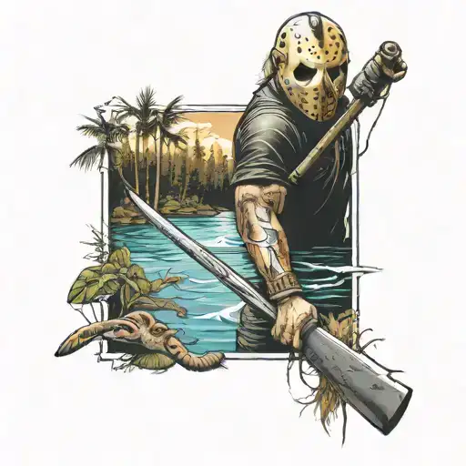 jason vorhees holding machete lake and forrest in backround  tattoo design idea