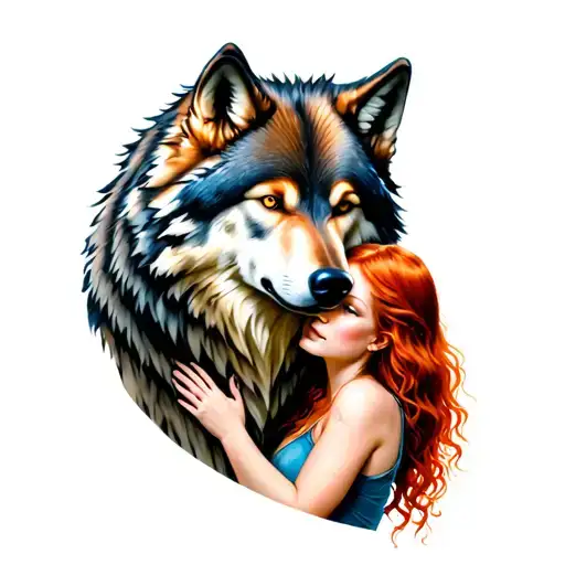 large alpha wolf protecting a red haired young adult female tattoo design idea