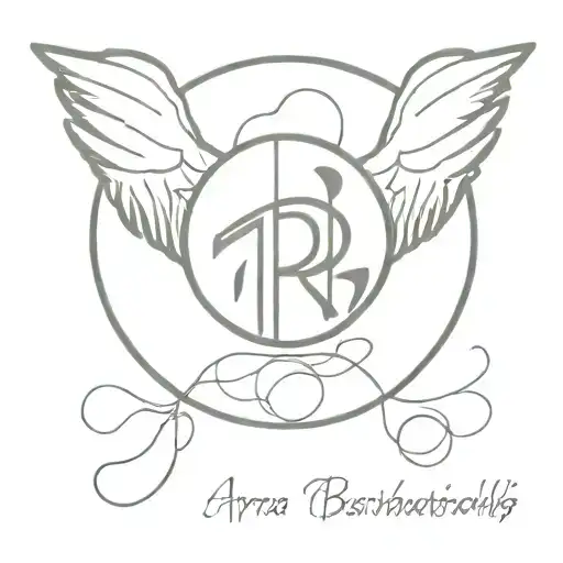 letters T.R.B. under a basketball with angel wings tattoo design idea