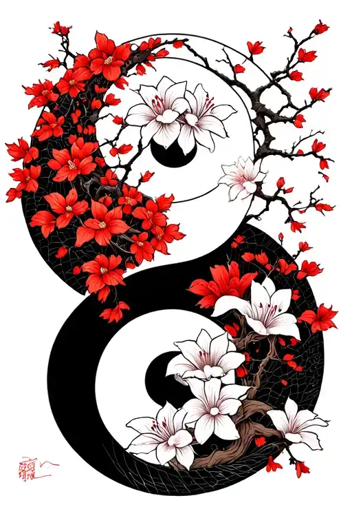 yin Yang cherry blossom tree as the white and red spider lily as black and white samurai top and black samurai bottom tattoo design idea