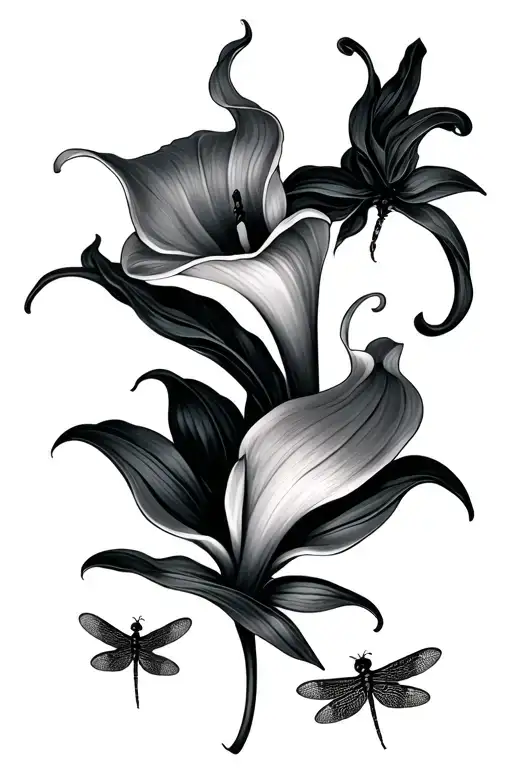 calla lily and dragon flies tattoo design idea