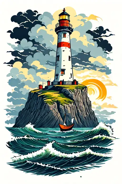a lighthouse on top of a cliff overlooking a stormy sea with a boat in the middle of the sea tattoo design idea