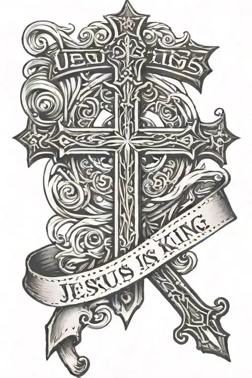 simple cross with the words "Jesus is King" tattoo design idea