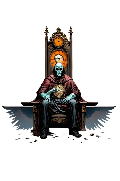 hades sitting on throne waiting with broken clocks and the all seeing eye tattoo design idea