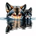 wolf with red eyes looking into water reflection and showing a wolf cub with blue eyes in the reflection tattoo design idea