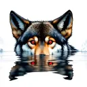 wolf with red eyes looking into water reflection and showing a wolf cub with blue eyes in the reflection tattoo design idea