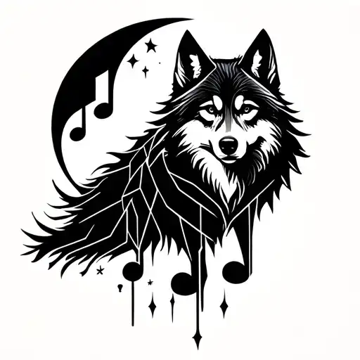 Musical notes with wolf and moon tattoo design idea