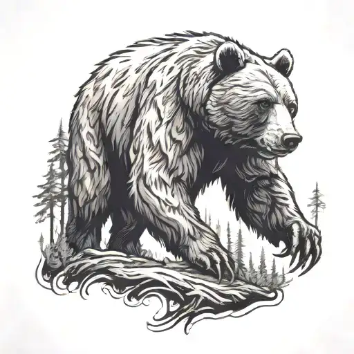 a bear in a rage stands on its hind legs in the forest tattoo design idea