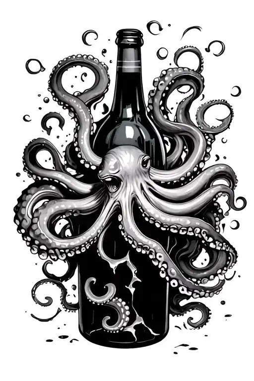 a realistic octopus crawling out of a broken wine bottle. Realistic, intimidating, and majestic, otherworldly and alien. tattoo design idea