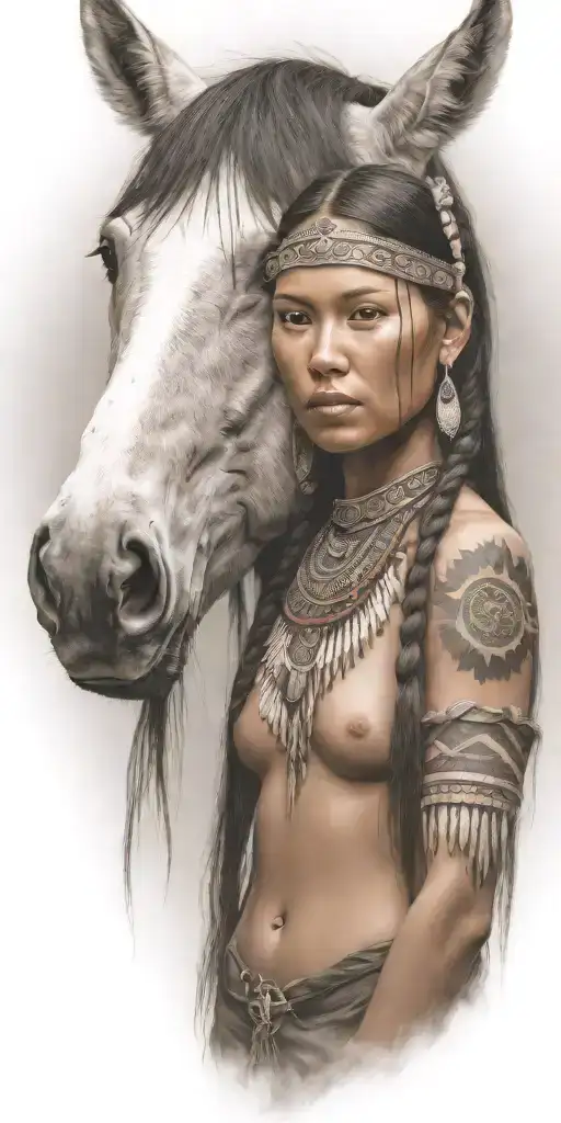 young adorable lakota woman full body horse tattoo design idea