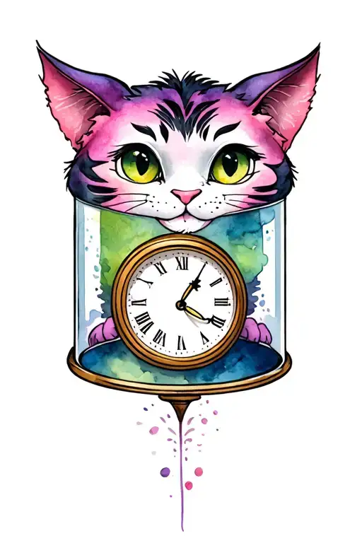 Cheshire cat with a smile in a cylinder with a pocket clock in tattoo design idea