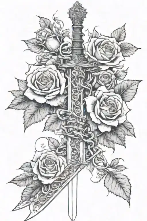 spine tattoo of a sword wrapped in vines with a variation of flowers and roses, fine lines, no color tattoo design idea