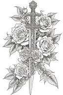 spine tattoo of a sword wrapped in vines with a variation of flowers and roses, fine lines, no color tattoo design idea