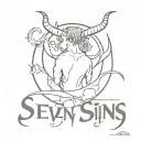 Devil and crescent moon on the back. The inscription "THE SEVEN DEADLY SINS" tattoo design idea