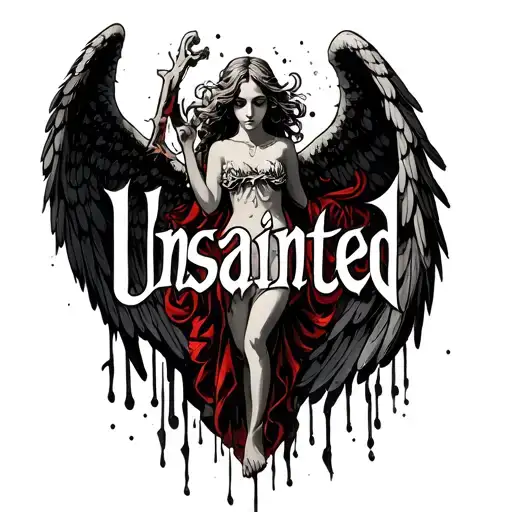 "unsainted" angel, "unsainted" inscription, many cuts in the background, gothic drawings tattoo design idea