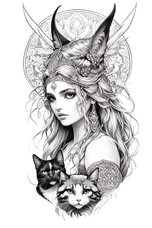 freya goddess with cats looking tattoo design idea