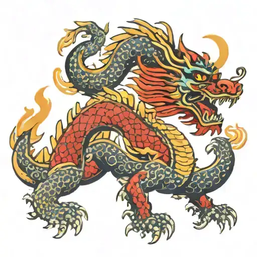 A Chinese dragon writhing around hieroglyphs of strength and luck tattoo design idea