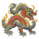 A Chinese dragon writhing around hieroglyphs of strength and luck tattoo design idea