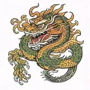 A Chinese dragon writhing around hieroglyphs of strength and luck tattoo design idea