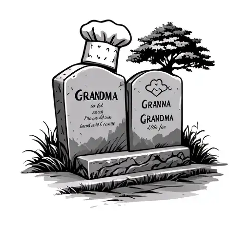 a memorial for grandma and great grandma with two tombstones one with a chef hat on top of tombstone with a tree line an tattoo design idea