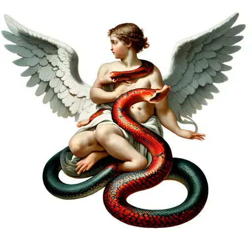 roman painting of angels with red snake with pufed written on snake body wrapped around angle  tattoo design idea