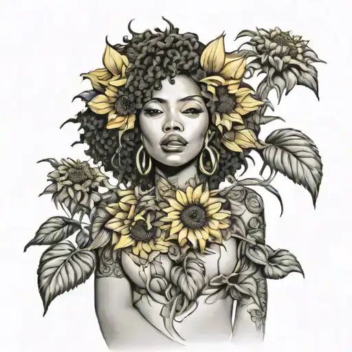 sunflower, sexy Afro centric asian girl, big boobs, petite, thick thighs, seductive smile  tattoo design idea