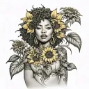 sunflower, sexy Afro centric asian girl, big boobs, petite, thick thighs, seductive smile  tattoo design idea