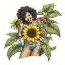 sunflower, sexy Afro centric asian girl, big boobs, petite, thick thighs, seductive smile  tattoo design idea