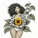 sunflower, sexy Afro centric asian girl, big boobs, petite, thick thighs, seductive smile  tattoo design idea