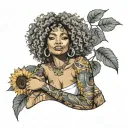 sunflower, sexy Afro centric asian girl, big boobs, petite, thick thighs, seductive smile  tattoo design idea