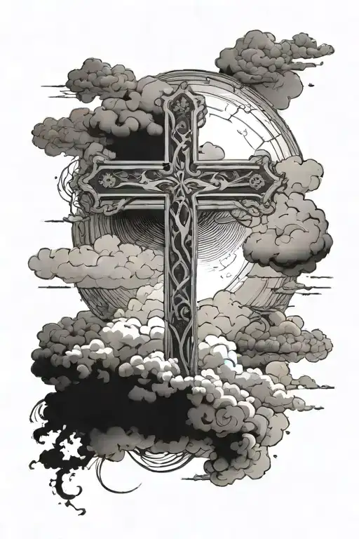 A cross with clouds surrounding the entire background and a light illuminating it tattoo design idea