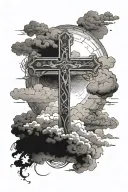 A cross with clouds surrounding the entire background and a light illuminating it tattoo design idea