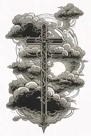 A cross with clouds surrounding the entire background and a light illuminating it tattoo design idea