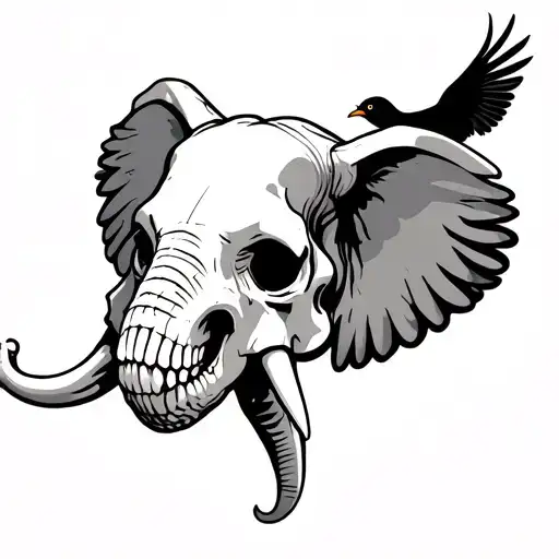 elephant skull with black bird flying away tattoo design idea
