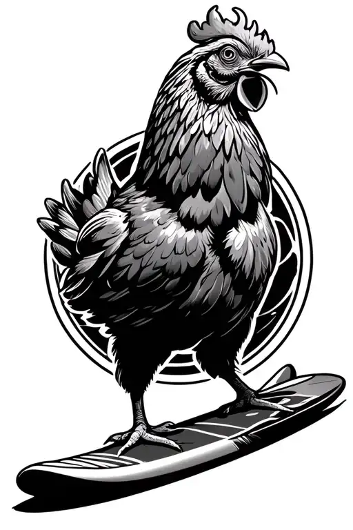 chicken Joe surfs up on a surfboard silhouette in the circle tattoo design idea