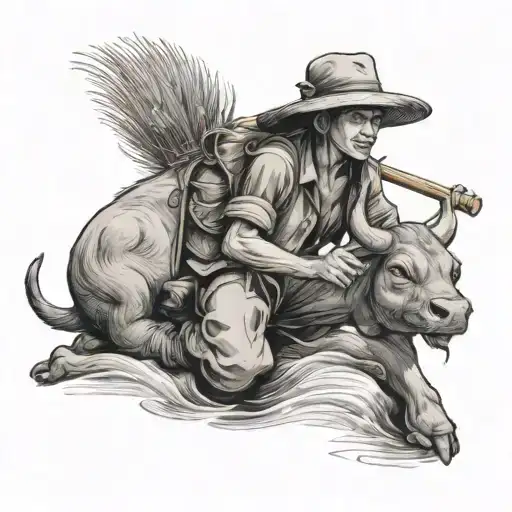Straw hat kid farmer sitting on water buffalo playing the flute tattoo design idea