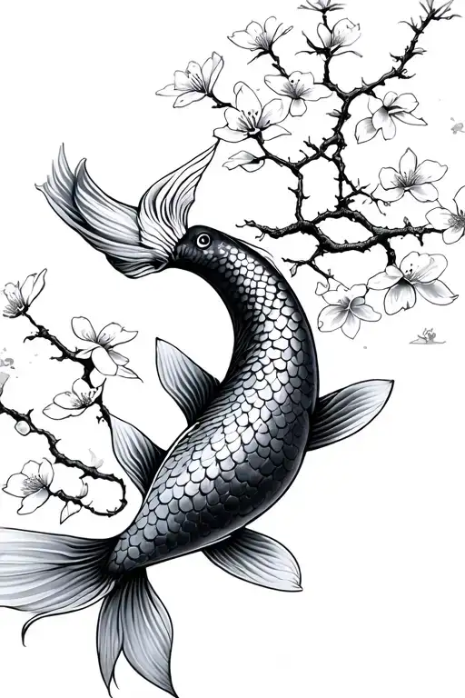 koi no yokan with cherry blossom tree with flowers blowing in the wind tattoo design idea