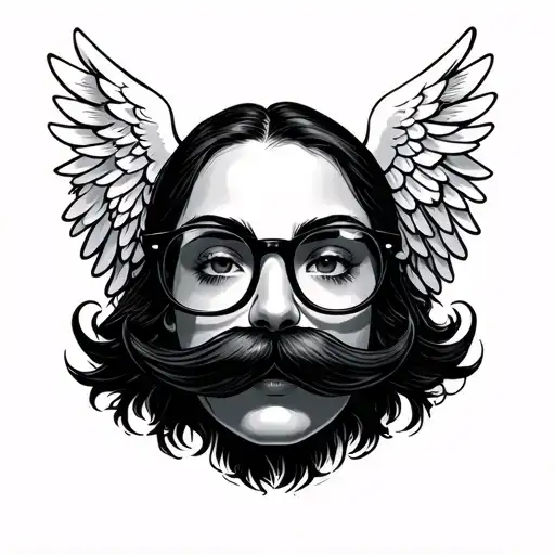 glasses mustache and angel wings no facial  tattoo design idea
