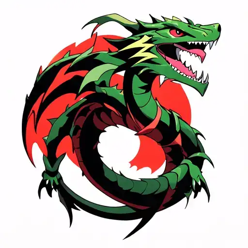 Mega Rayquaza Tattoo combined with Vietnamese culture. the Tatoo is in Full Black with Red accents and is more lowkey.  tattoo design idea