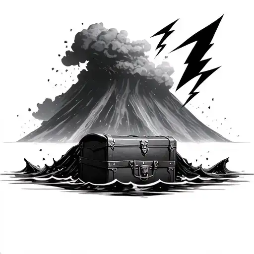 Volcano with leather sea chest luggage in water and a long crooked lightning bolt tattoo design idea