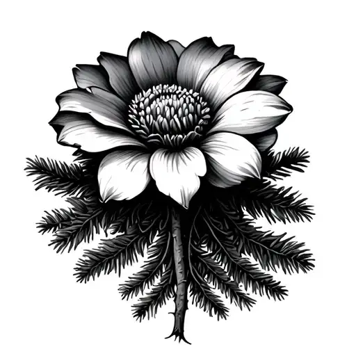 Simple but detailed drawing of an open flower but the stem is a pine tree trunk with deep roots That are wrapped around  tattoo design idea