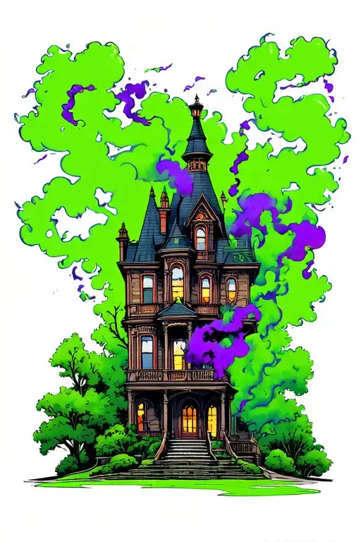 haunted mansion house and purple smoke tattoo design idea