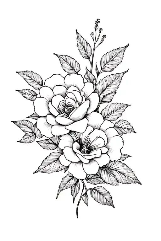 Black tattoo that is roses, Camelias and hibiscus flower tattoo design idea